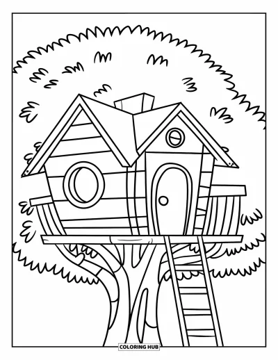 Desenho de Casa na Árvore para Crianças: Uma casa na árvore alegre com uma escada e uma janela redonda