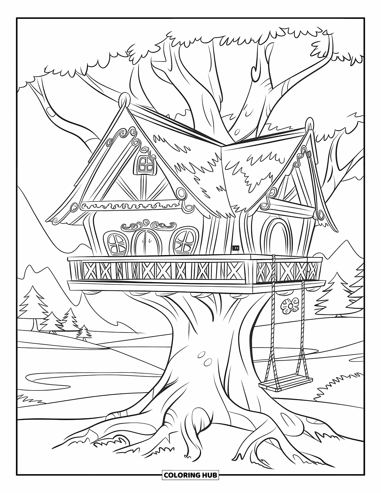 Treehouse Coloring Page for Kids: A cozy treehouse with a balcony, beams, and a rope swing