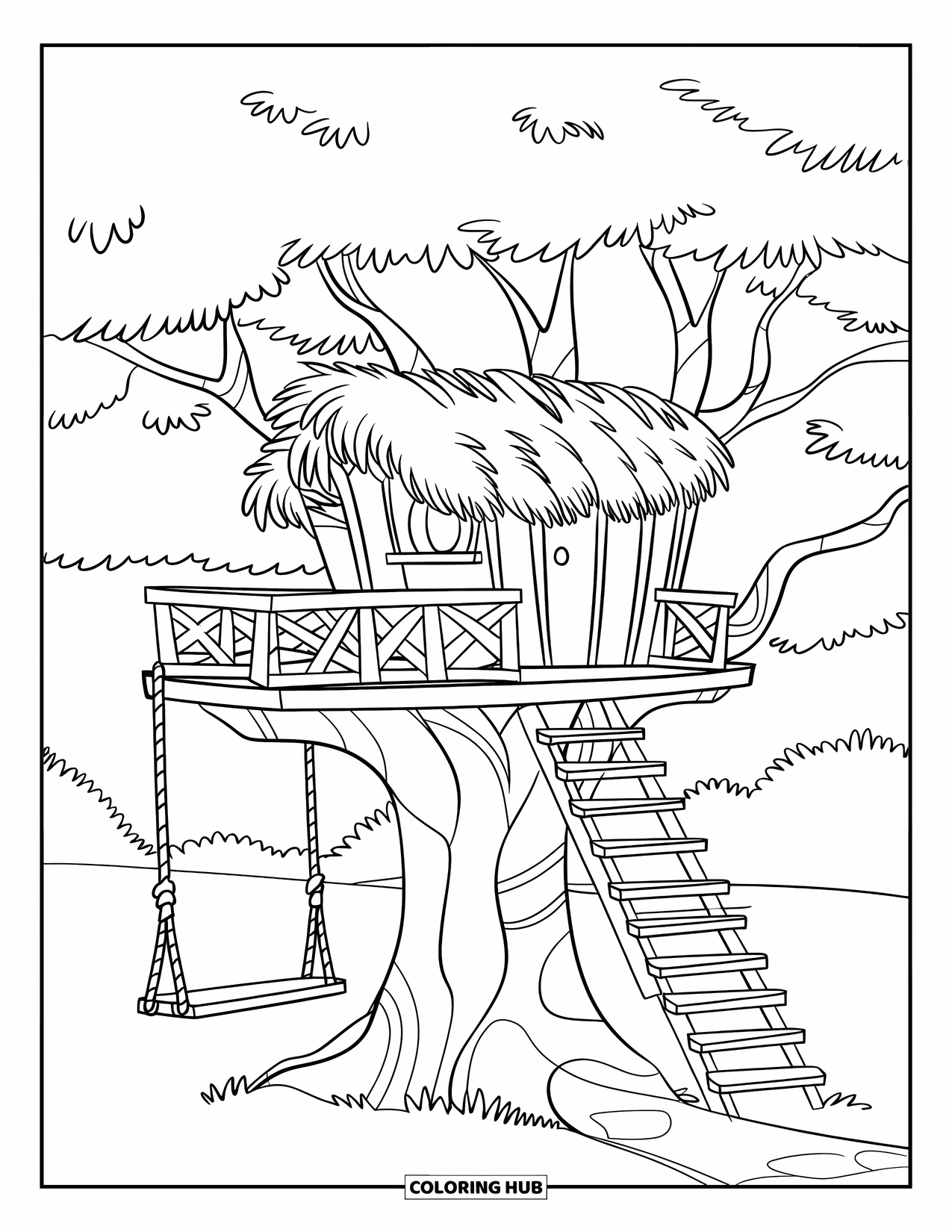 Treehouse Coloring Page for Kids: A cozy treehouse with a balcony, swing, and wooden railing