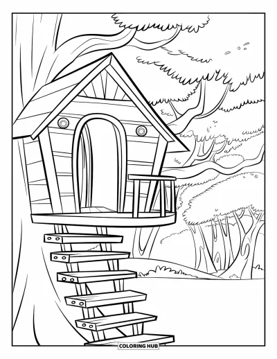 Desenho de Casa na Árvore para Crianças: Uma casa na árvore aconchegante com uma varanda, degraus de madeira e um pássaro