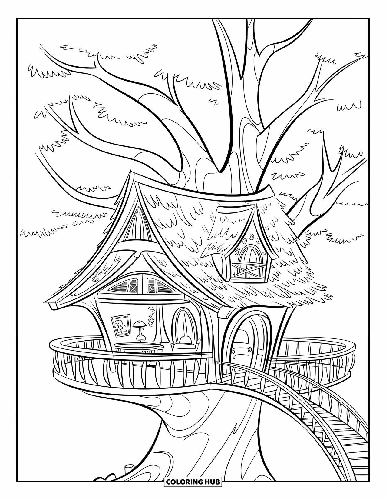 Treehouse Coloring Page for Kids: A cozy treehouse with a bridge, balconies, and sturdy branches