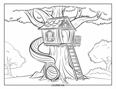 Desenho de Casa na Árvore para Crianças: Uma casa na árvore aconchegante com uma ponte de corda, uma escada e animais da floresta
