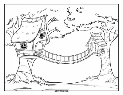 Desenho de Casa na Árvore para Crianças: Uma casa na árvore aconchegante com uma ponte de corda, animais e vegetação