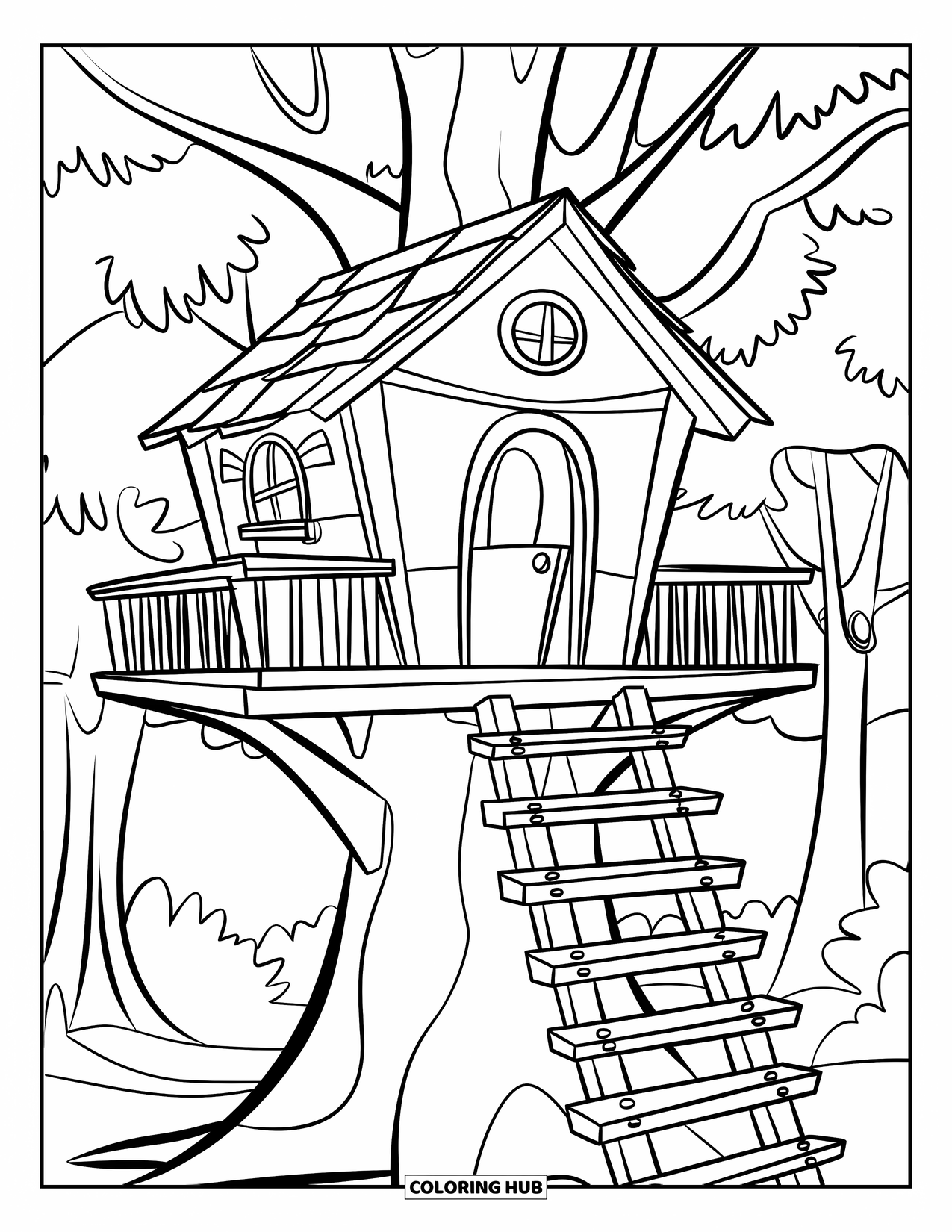 Treehouse Coloring Page for Kids: A cozy treehouse with a swing, branches, and greenery