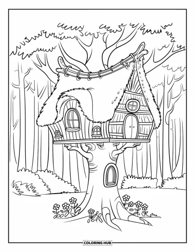 Desenho de Casa na Árvore para Crianças: Uma casa na árvore aconchegante com animais, galhos e vegetação