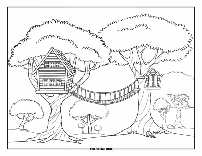 Desenho de Casa na Árvore para Crianças: Uma casa na árvore aconchegante com varandas, pontes e uma vista serena