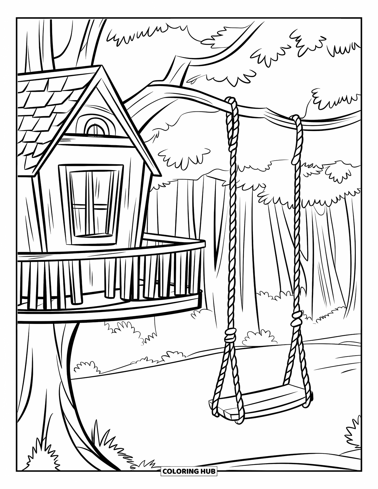 Treehouse Coloring Page for Kids: A cozy treehouse with flowers, a ladder, and a thatched roof
