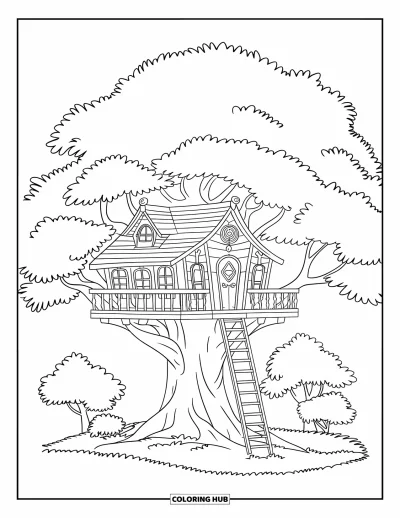 Desenho de Casa na Árvore para Crianças: Uma casa na árvore aconchegante com escadas, janelas e um céu claro