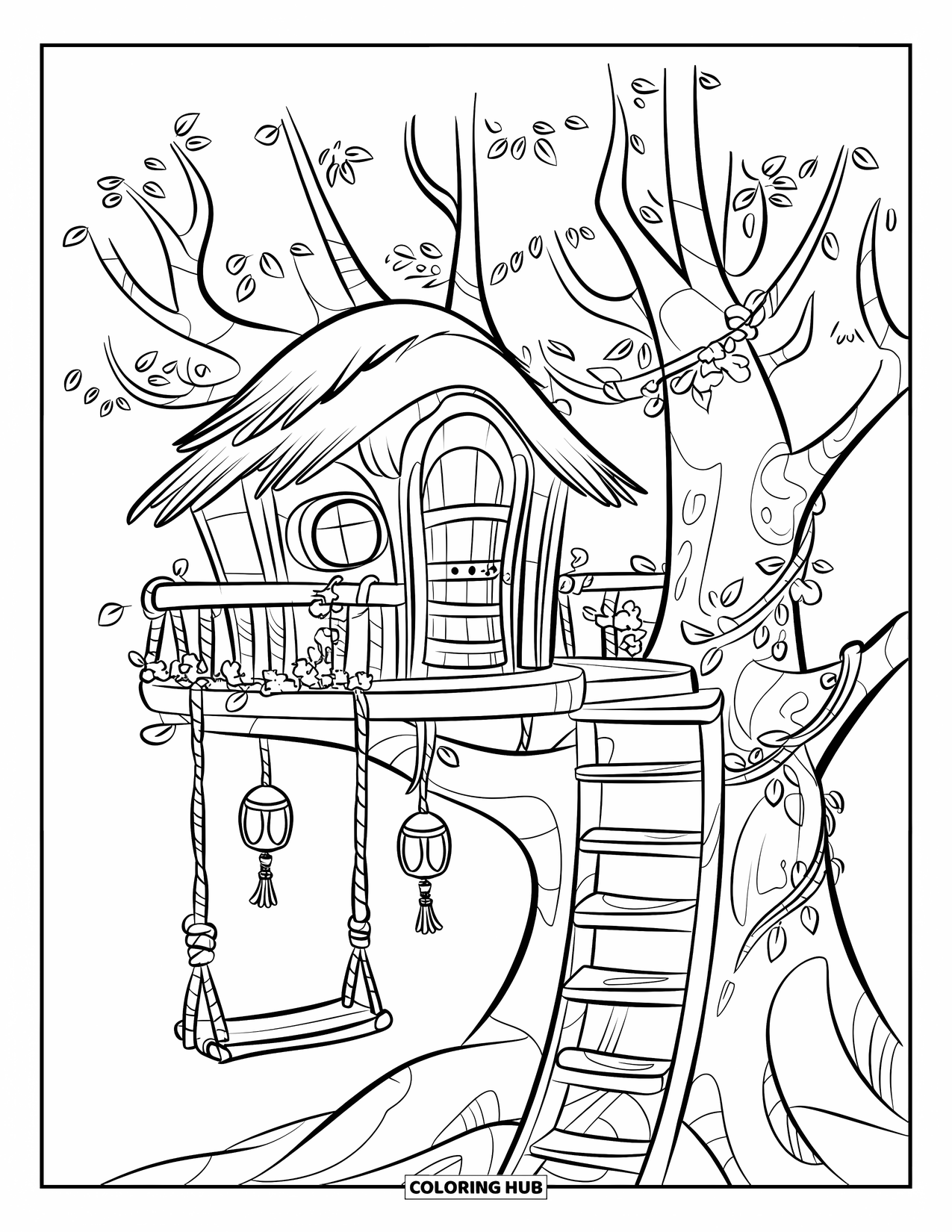 Treehouse Coloring Page for Kids: A cozy treehouse with lanterns, a swing, and railings
