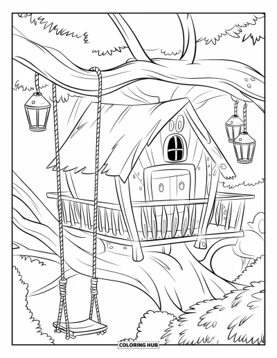 Desenho de Casa na Árvore para Crianças: Uma casa na árvore aconchegante com grades, lanternas e um balanço de corda
