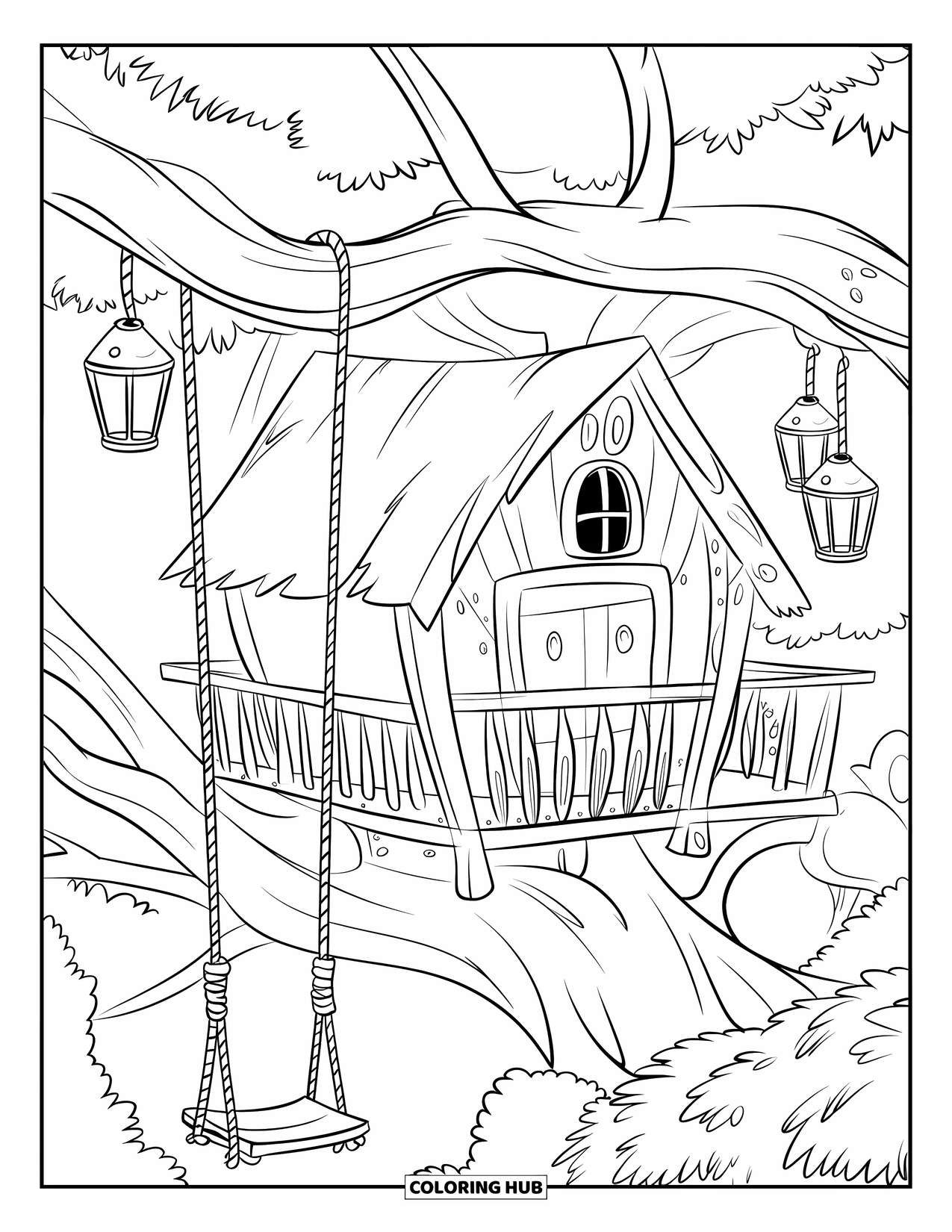 Treehouse Coloring Page for Kids: A cozy treehouse with railings, lanterns, and a rope swing