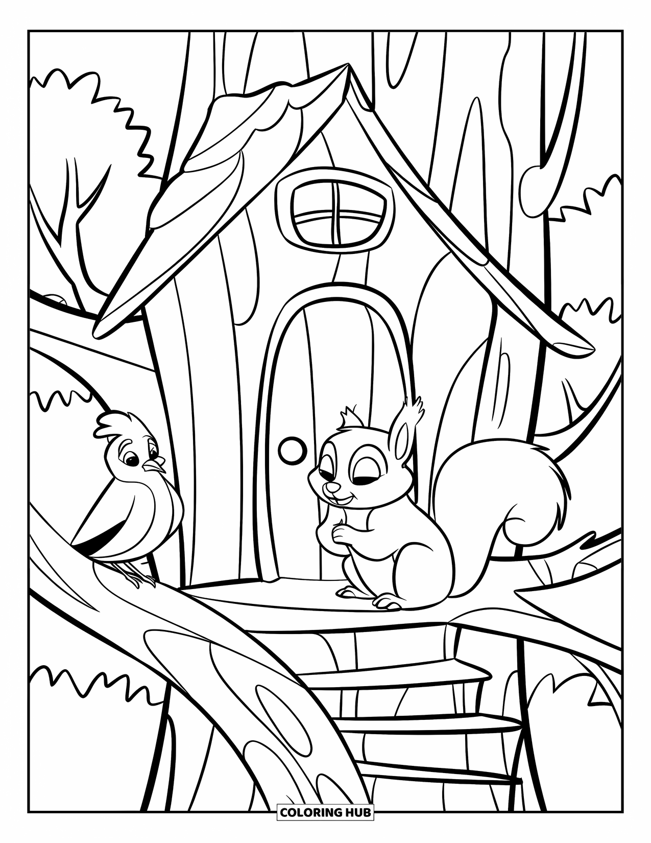 Treehouse Coloring Page for Kids: A cozy treehouse with wooden steps, a balcony, and greenery