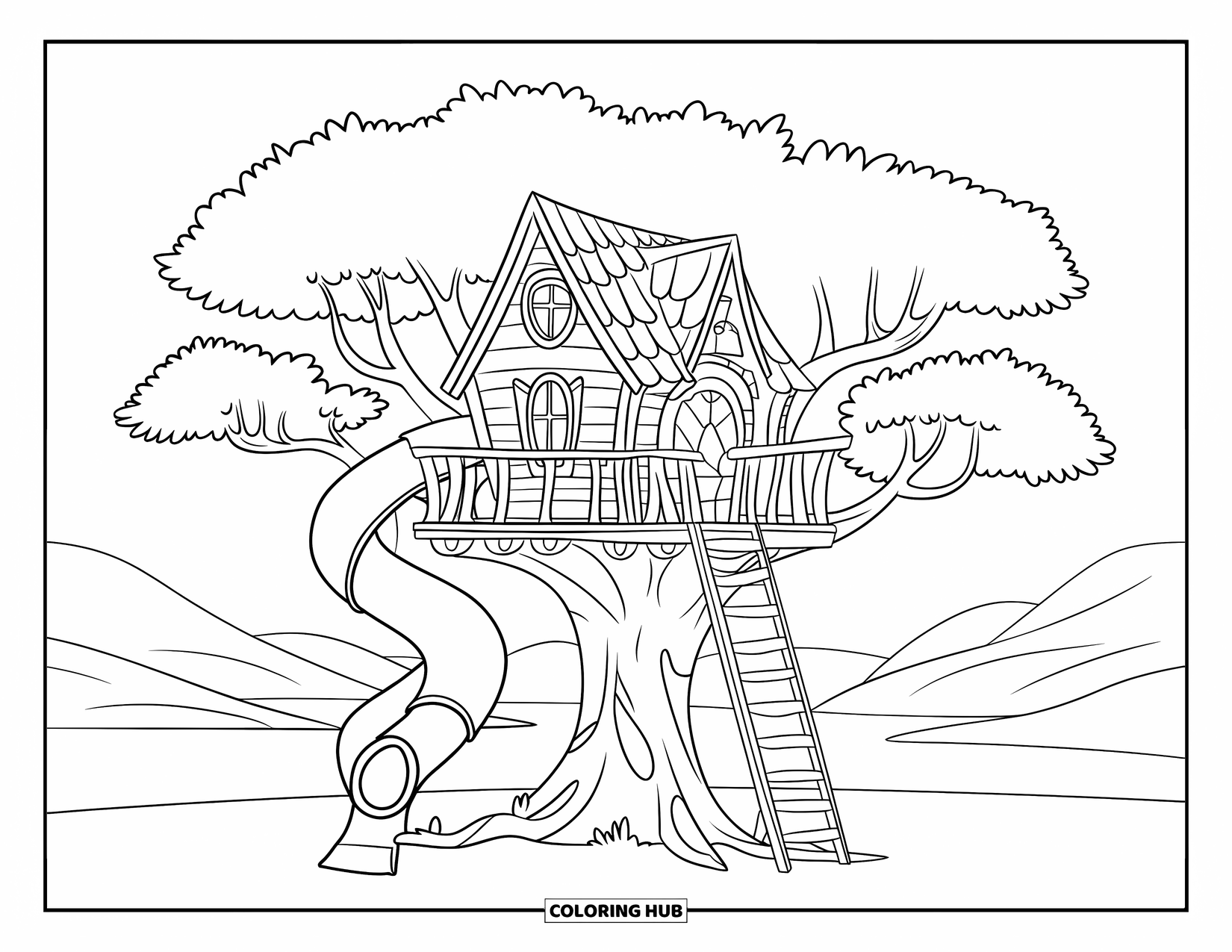 Treehouse Coloring Page for Kids: A playful treehouse with a spiral slide and a sturdy ladder