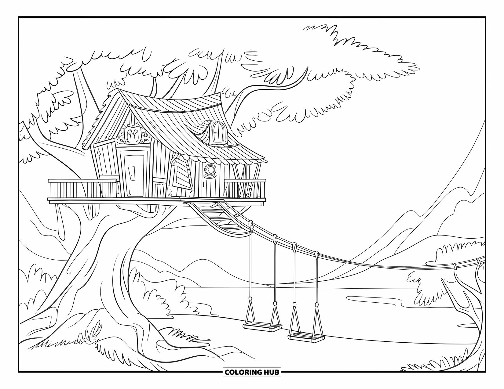 Treehouse Coloring Page for Kids: A playful treehouse with a zipline, rope swings, and multiple levels