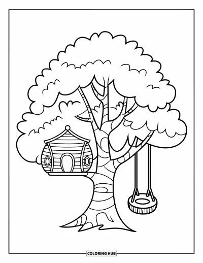 Desenho de Casa na Árvore para Crianças: Uma casa na árvore com topo arredondado e um balanço de pneu pendurado