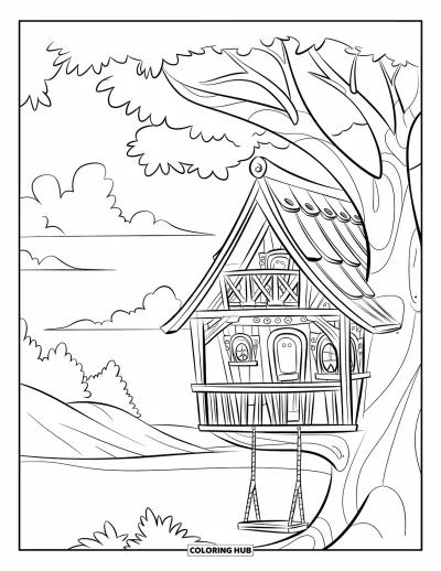 Desenho de Casa na Árvore para Crianças: Uma casa na árvore rústica com uma varanda, vigas de madeira e colinas