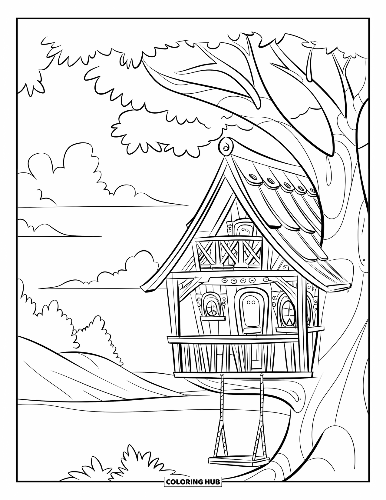 Treehouse Coloring Page for Kids: A rustic treehouse with a balcony, wooden beams, and rolling hills