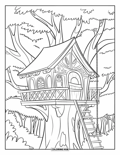 Desenho de Casa na Árvore para Crianças: Uma casa na árvore rústica com vigas, uma varanda e um balanço de corda