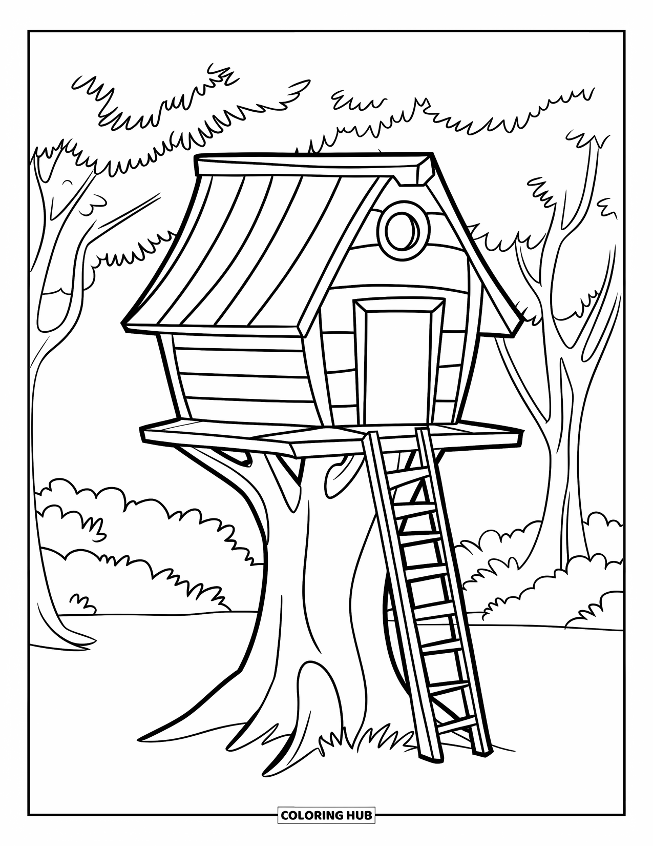 Treehouse Coloring Page for Kids: A simple treehouse with a ladder and a round window on a thick tree trunk