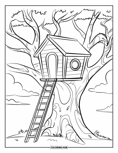 Desenho de Casa na Árvore para Crianças: Uma casa na árvore simples com uma janela redonda e galhos grossos