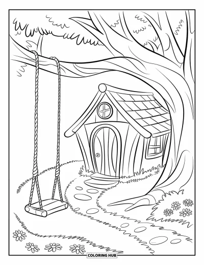 Desenho de Casa na Árvore para Crianças: Uma pequena casa na árvore com um balanço de corda e um caminho
