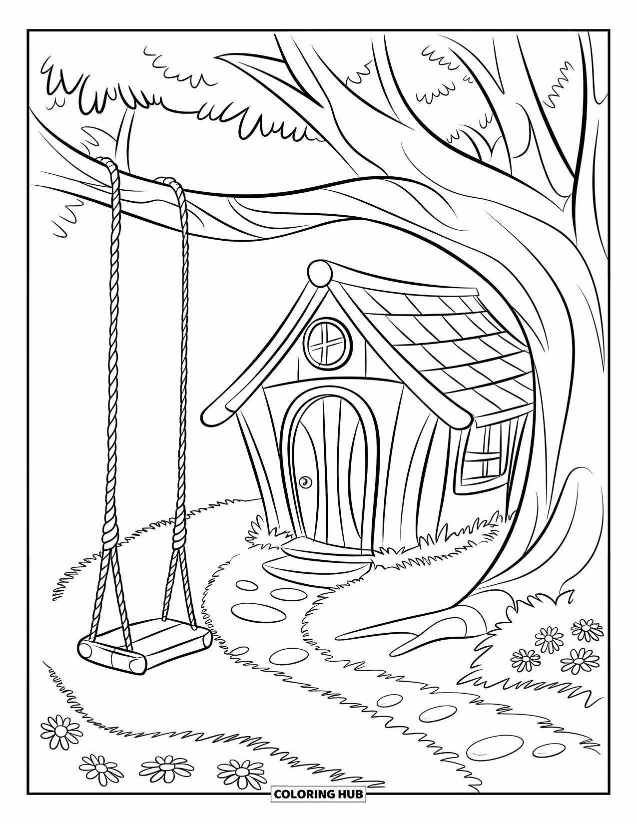 Treehouse Coloring Page for Kids: A small treehouse with a rope swing and a path