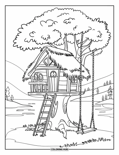 Desenho de Casa na Árvore para Crianças: Uma pequena casa na árvore com um balanço de corda e um telhado de palha