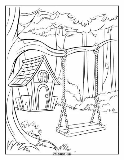 Desenho de Casa na Árvore para Crianças: Uma pequena casa na árvore com um telhado inclinado e um balanço de corda