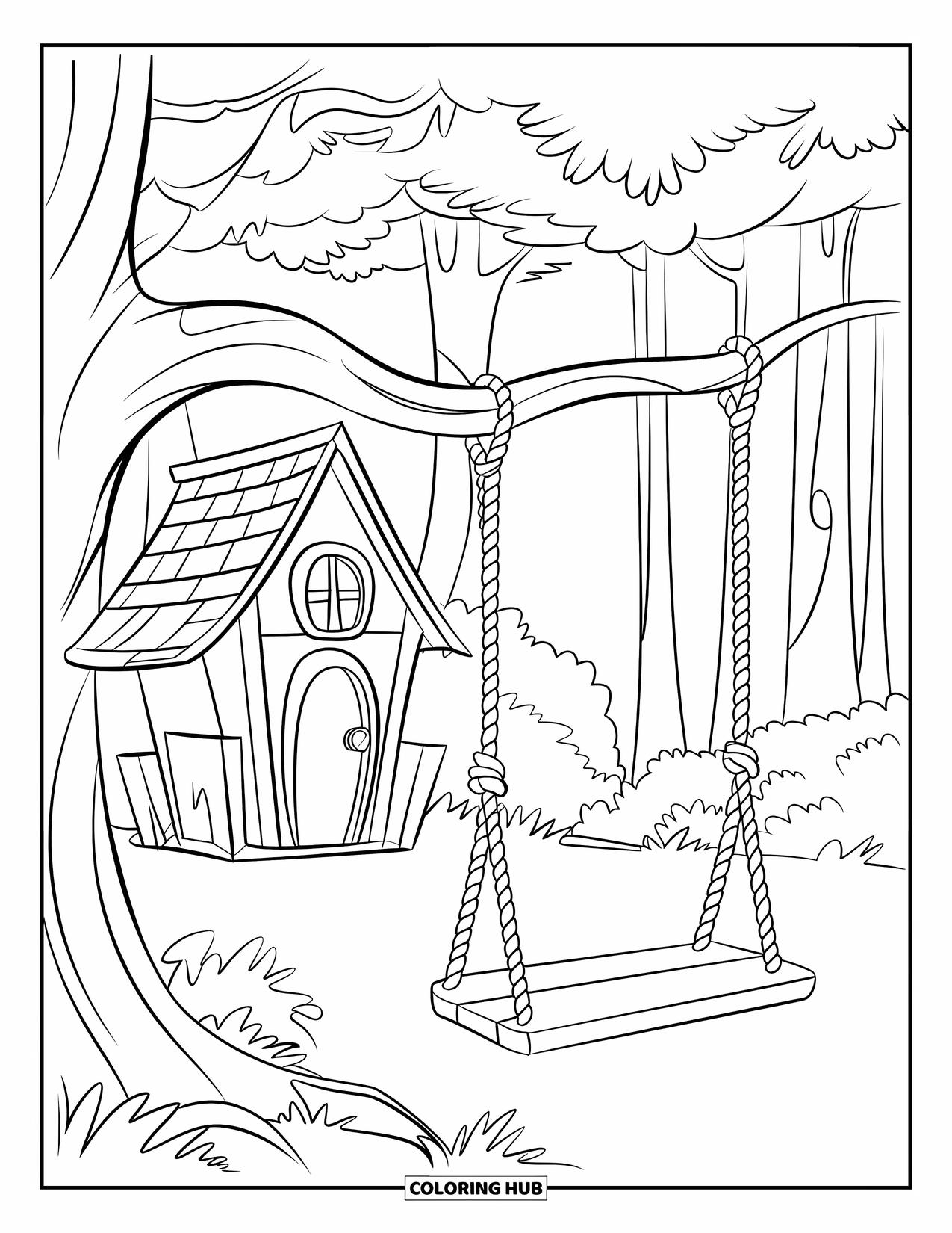 Treehouse Coloring Page for Kids: A small treehouse with a sloping roof and a rope swing