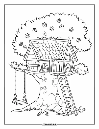 Desenho de casa na árvore para colorir para crianças: Uma casinha na árvore com raízes grandes e balanço de corda