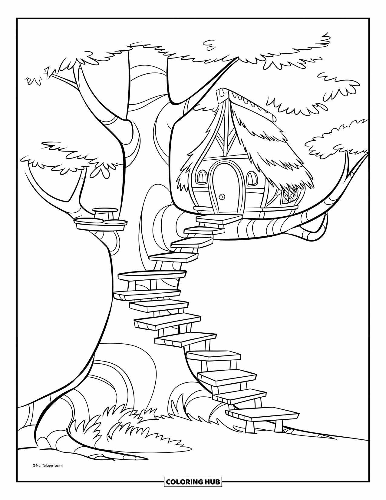 Treehouse Coloring Page for Kids: A tall treehouse with steps, a window, and lush greenery