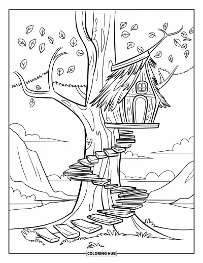 Desenho de Casa na Árvore para Crianças: Uma casa na árvore alta com degraus de madeira e um telhado de palha