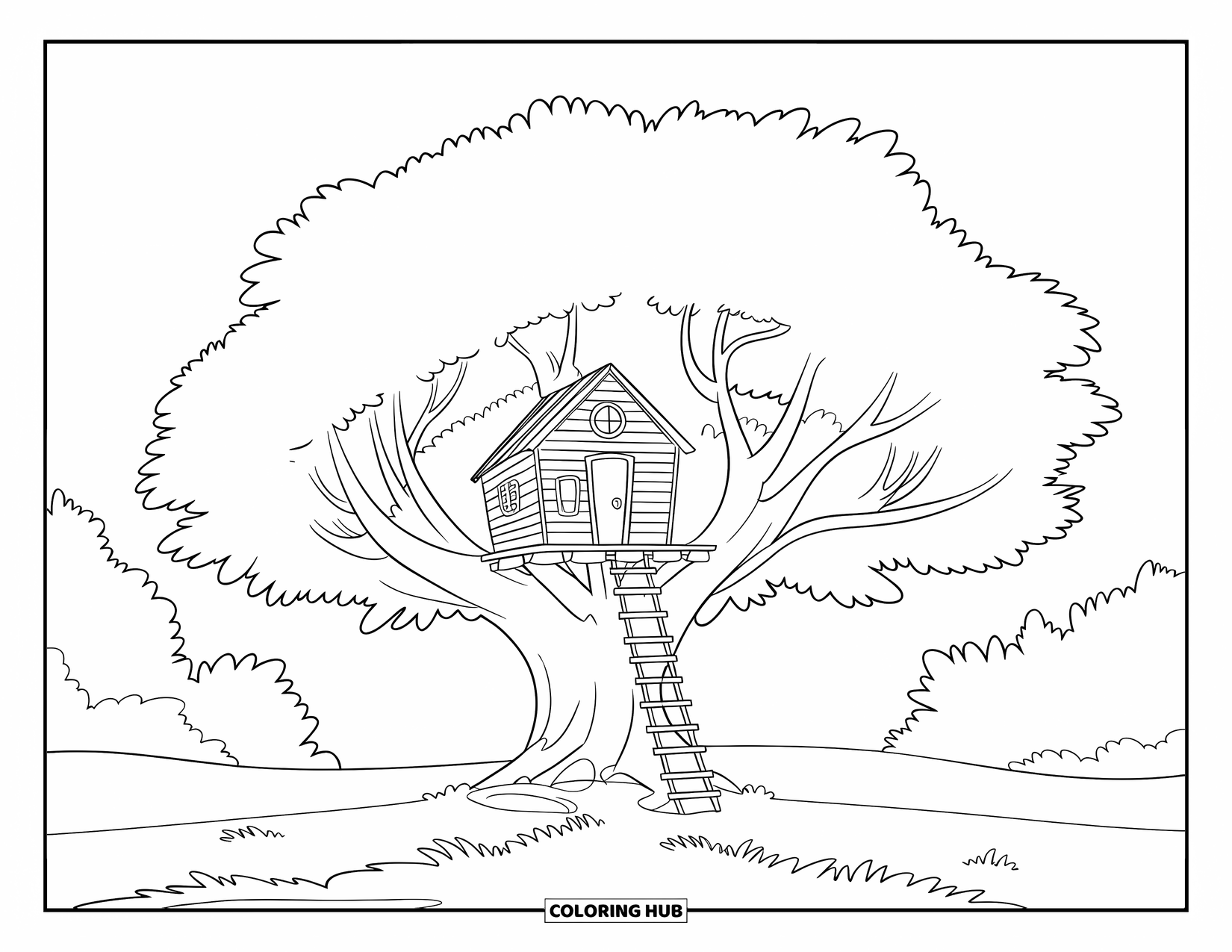 Treehouse Coloring Page for Kids: A tiny house with a rope ladder and round leaves
