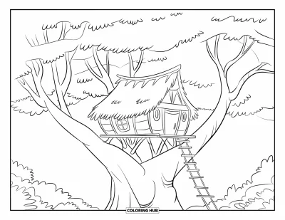 Desenho de Casa na Árvore para Crianças: Uma casinha com um telhado de palha e uma escada de corda