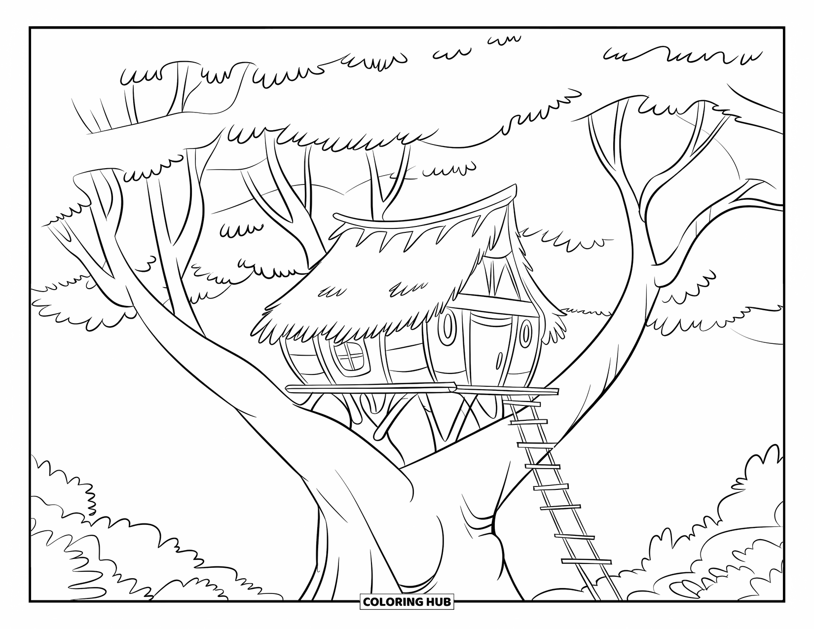 Treehouse Coloring Page for Kids: A tiny house with a thatched roof and a rope ladder