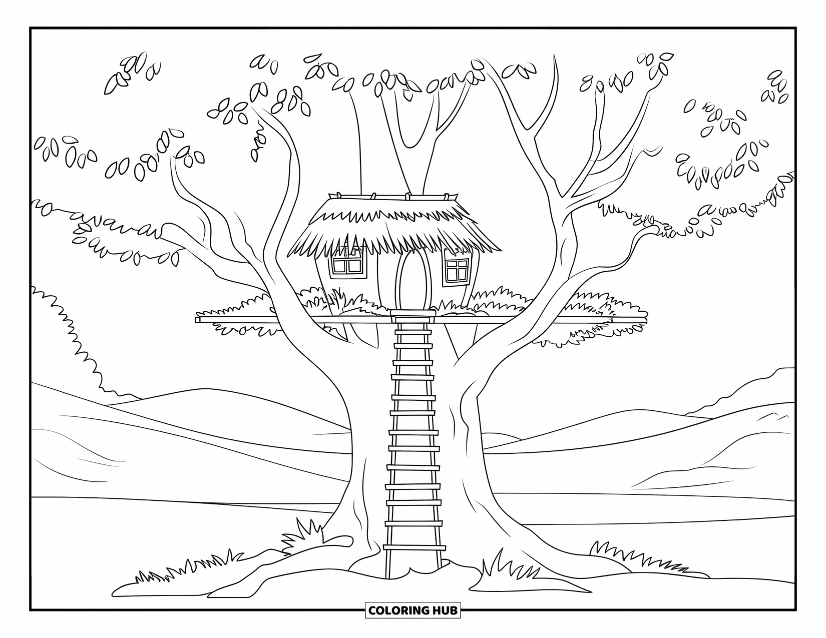 Treehouse Coloring Page for Kids: A tiny house with a thatched roof and a wooden plank