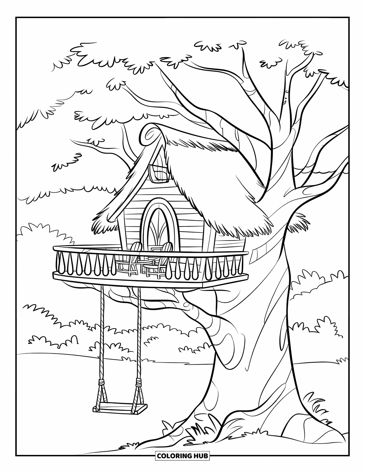 Treehouse Coloring Page for Kids: A treehouse cabin with a ladder, flowers, and a thatched roof