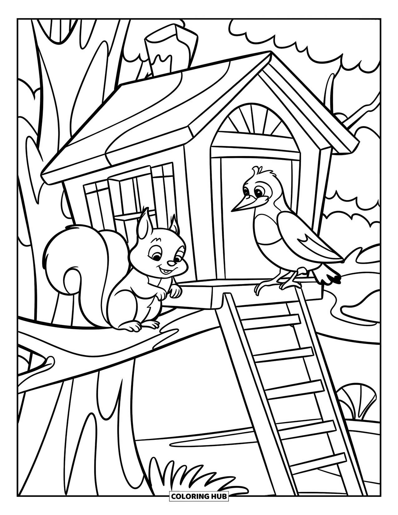 Treehouse Coloring Page for Kids: A treehouse with a balcony, open door, and a bird nearby