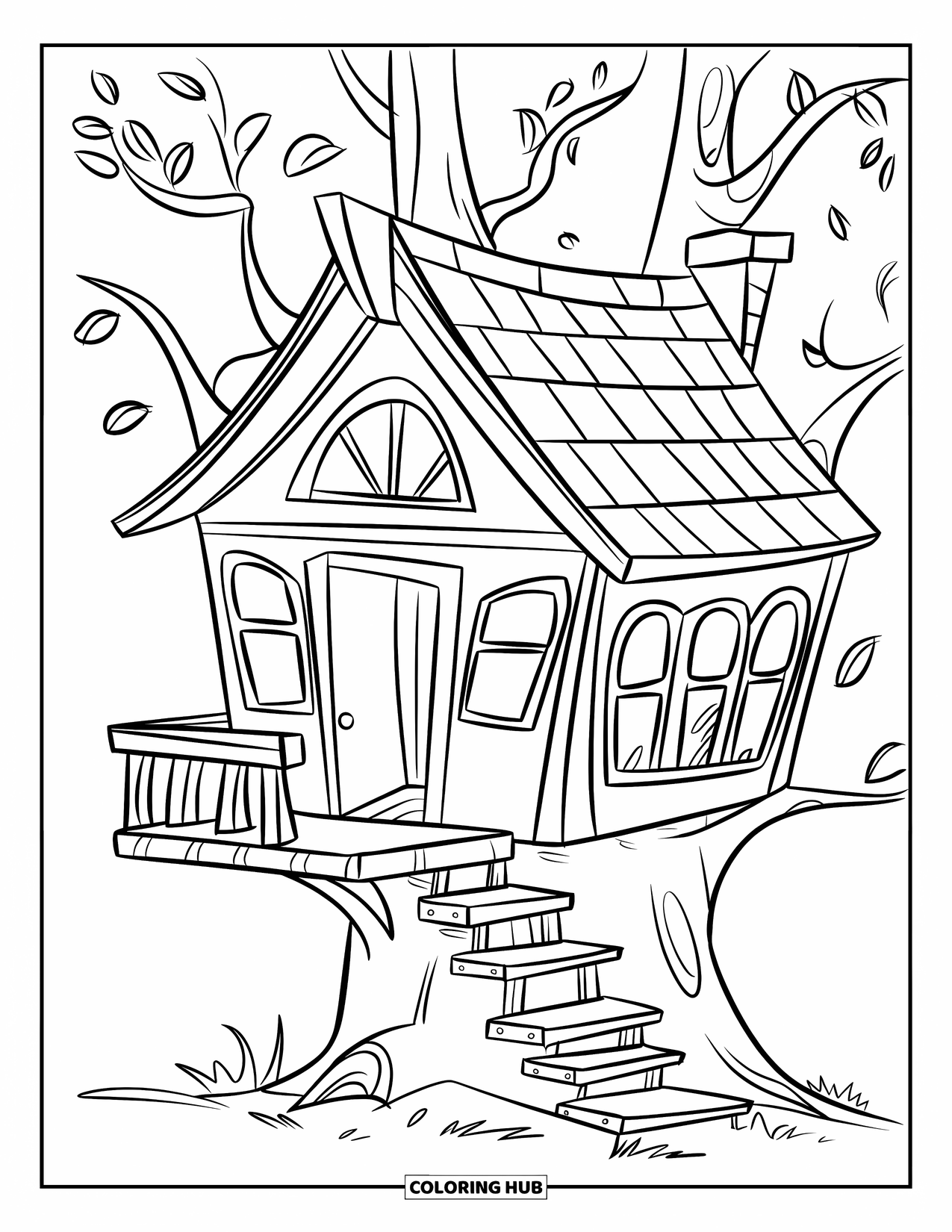 Treehouse Coloring Page for Kids: A treehouse with a balcony, open door, and wooden steps