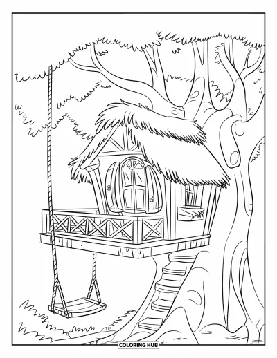 Desenho de Casa na Árvore para Crianças: Uma casa na árvore com uma varanda, grade e um balanço de corda