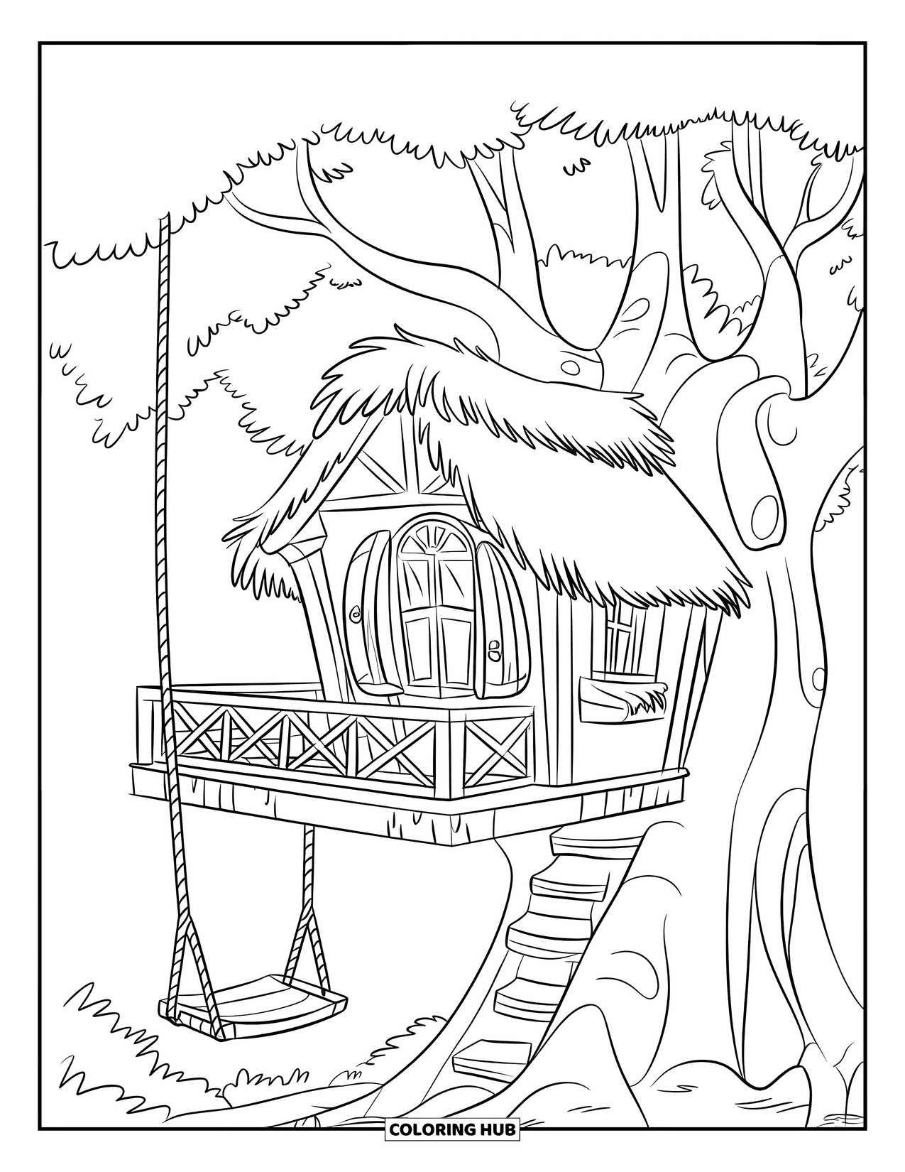 Treehouse Coloring Page for Kids: A treehouse with a balcony, railing, and a rope swing