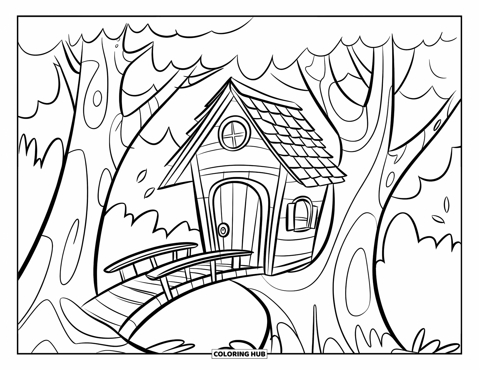 Treehouse Coloring Page for Kids: A treehouse with a bridge and large leaves around it