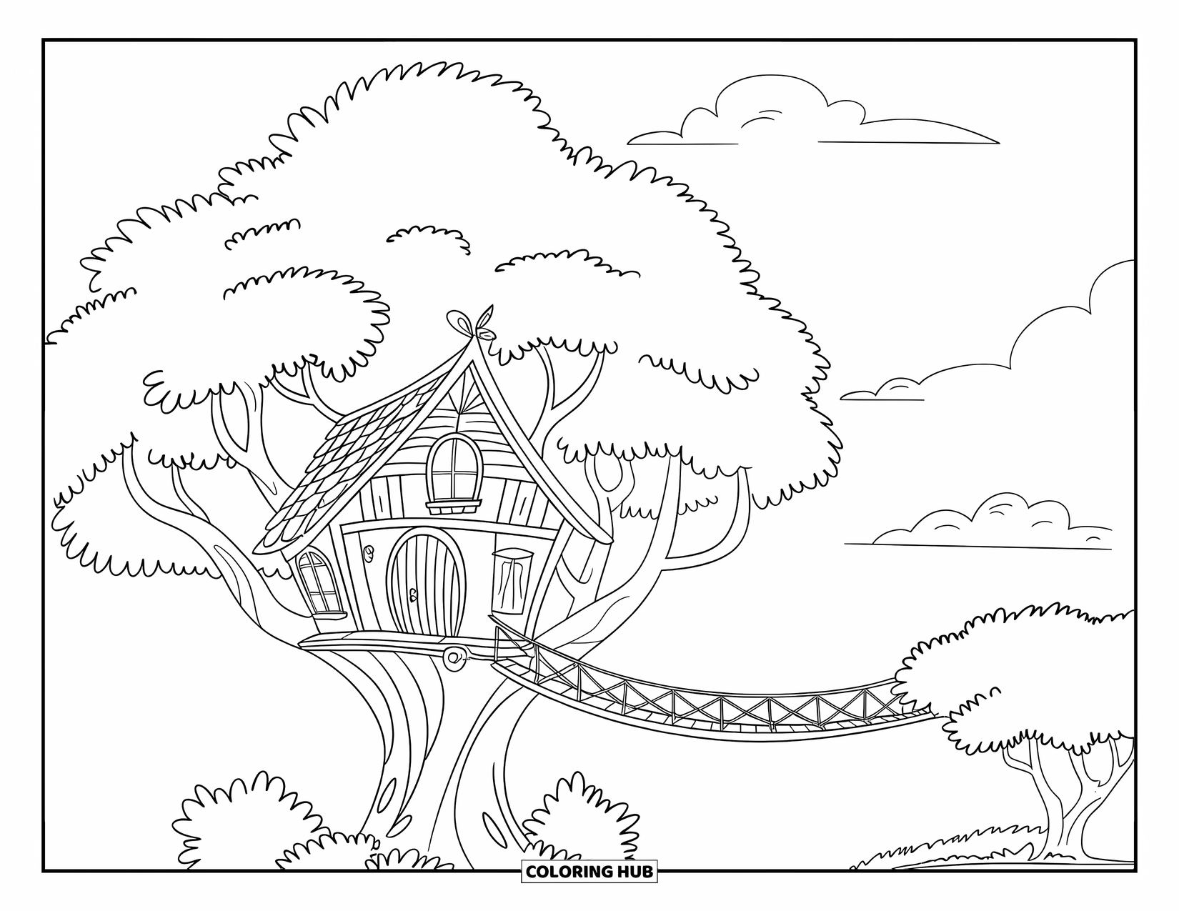 Treehouse Coloring Page for Kids: A treehouse with a bridge connecting to another tree