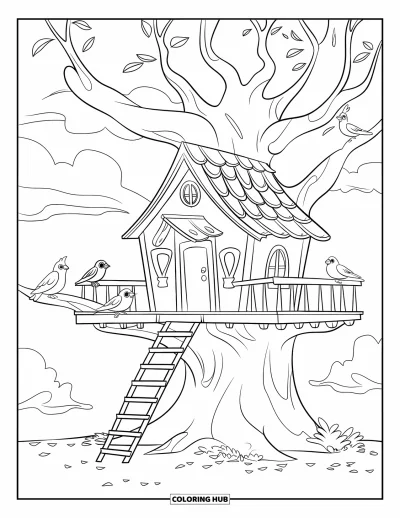 Desenho de Casa na Árvore para Crianças: Uma casa na árvore com uma porta, janela e pássaros nos galhos