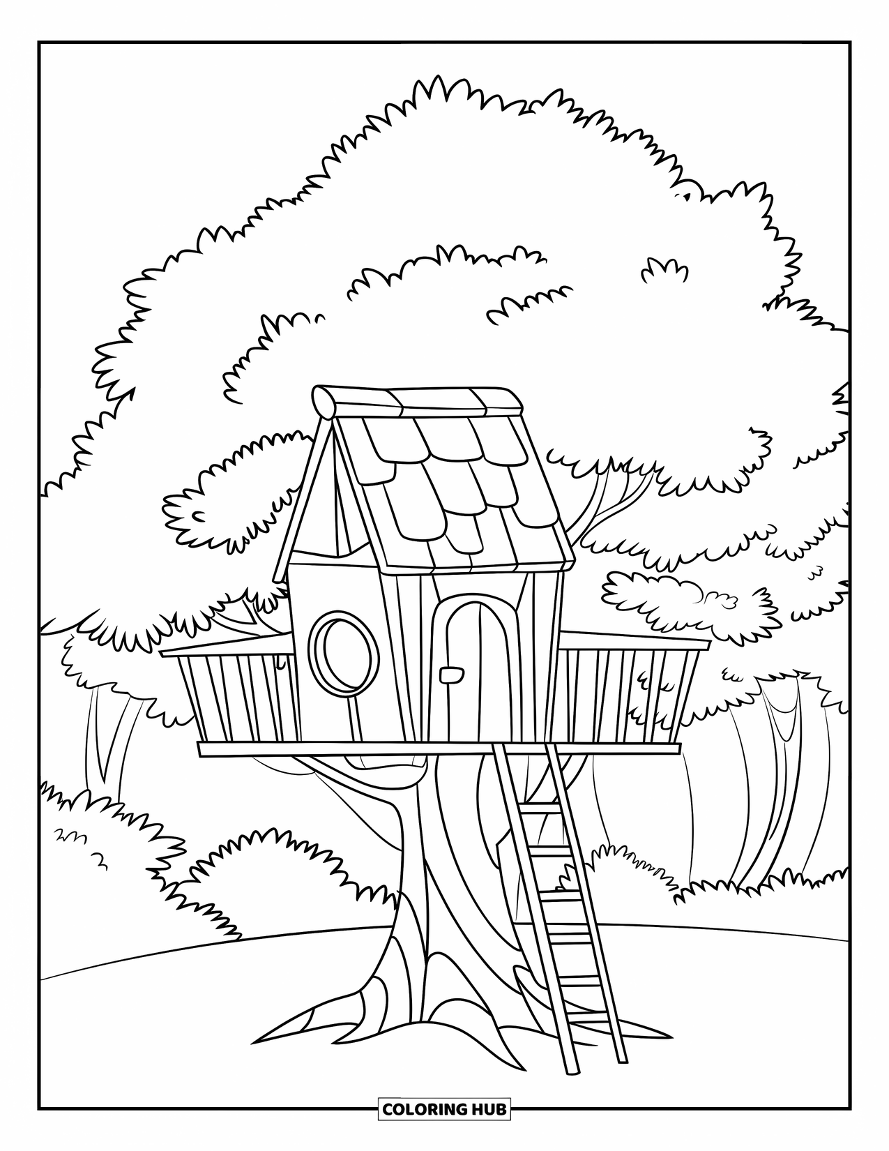 Treehouse Coloring Page for Kids: A treehouse with a ladder and a round window