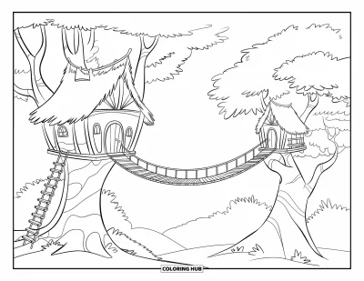 Desenho de Casa na Árvore para Crianças: Uma casa na árvore com uma ponte de corda, uma escada e animais por perto