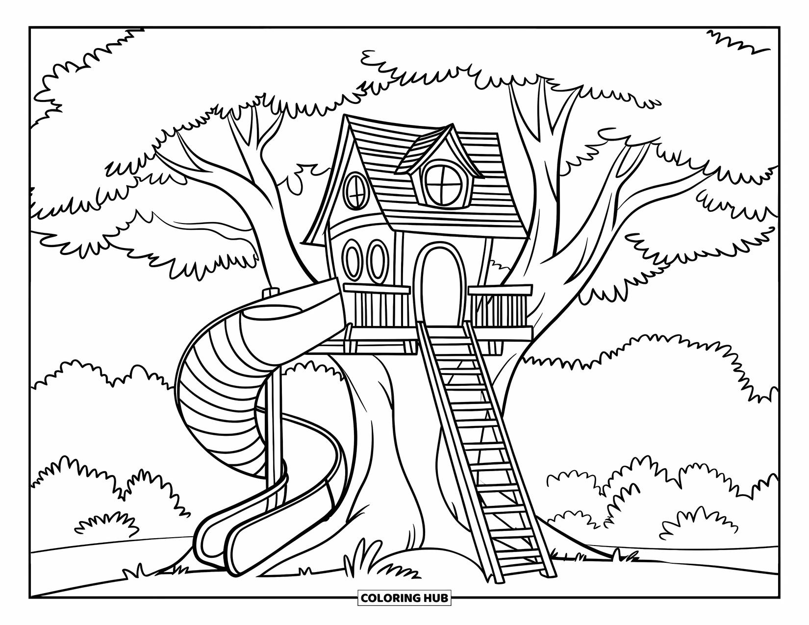 Treehouse Coloring Page for Kids: A treehouse with a rope bridge, a thatched roof, and animals
