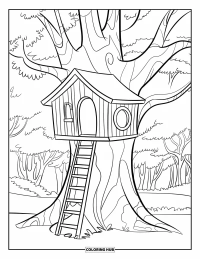 Desenho de Casa na Árvore para Crianças: Uma casa na árvore com uma janela redonda e escada em uma árvore grossa em uma floresta
