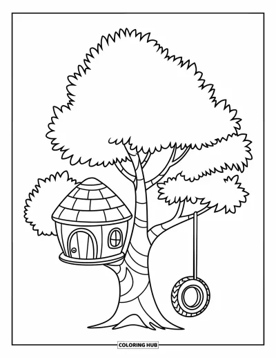 Desenho de Casa na Árvore para Crianças: Uma casa na árvore com um telhado arredondado, porta e balanço de pneu