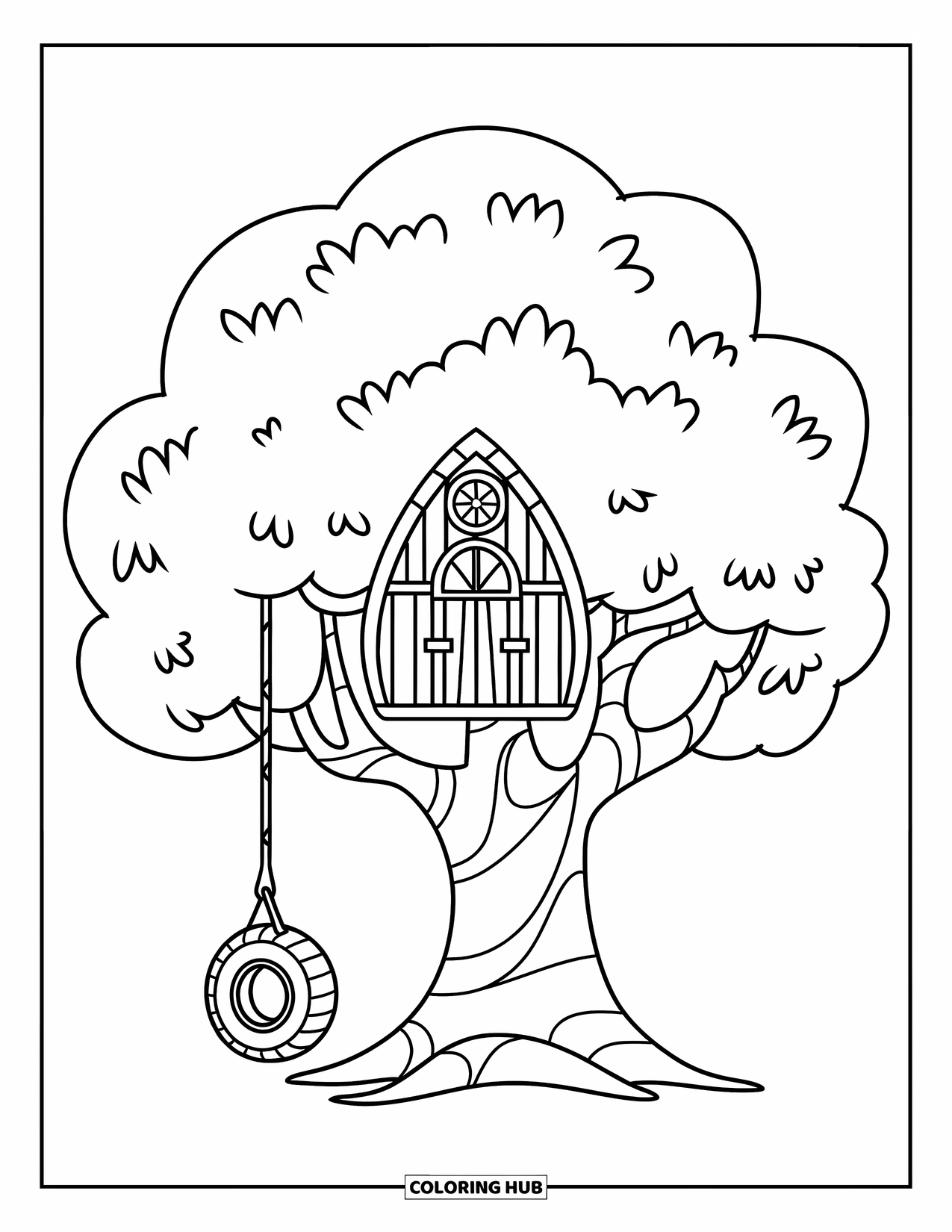 Treehouse Coloring Page for Kids: A treehouse with a rounded top and a tire swing